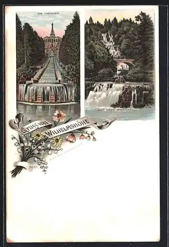 Lithographie Kassel, Wilhelmshöhe, Die Cascaden und der neue Wasserfall