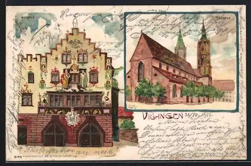 Künstler-AK Villingen / Baden, Rathaus und Münster