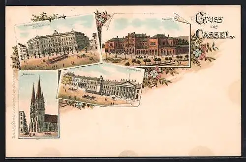 Lithographie Kassel, Königsplatz u. Postgebäude mit Strassenbahn, Bahnhof, Martinskirche