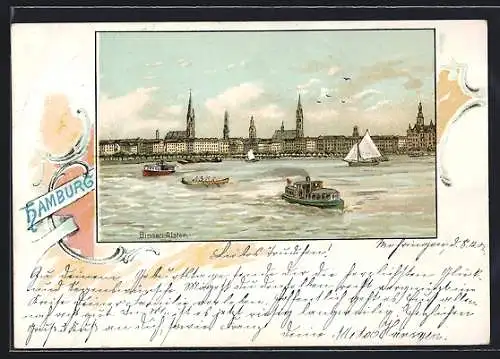 Lithographie Hamburg, Binnen-Alster mit Booten