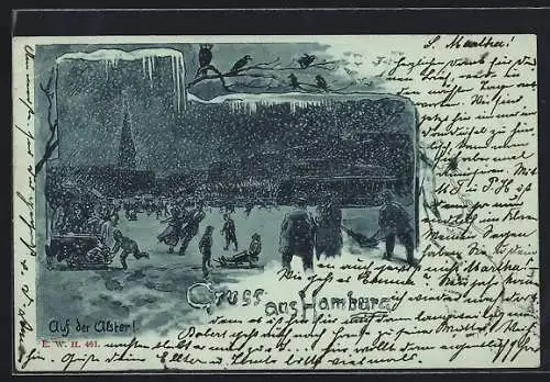Lithographie Hamburg, Schlittschuhläufer und Schlittenfahrer auf der Alster bei Schnee