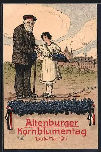 Künstler-AK Altenburg / S.-A., Kornblumentag 13. und 14. Mai 1911, Veteran mit Blumenmädchen