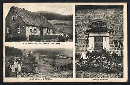 AK Kassel, Warenhandlung Martin Kleinhans, Kriegerdenkmal und Buschwiese mit Mühlen