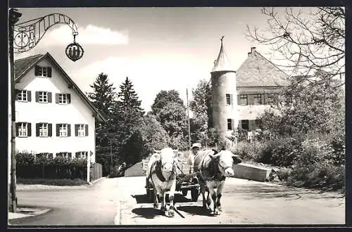 AK Wald / Allgäu, Strassenpartie mit Gasthaus und Ochsenkarren
