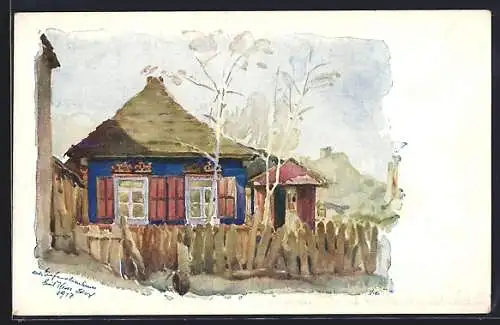 Künstler-AK sign. Emil Weiss: Wolhynien, Einfamilienhaus 1917