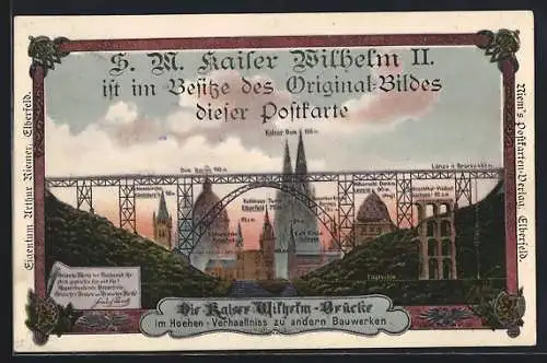 Lithographie Müngsten, Kaiser Wilhelm-Brücke im Höhen-Verhältnis zu anderen Bauwerken