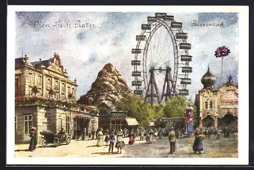 Künstler-AK Wien, K. k. Prater, Passanten vor dem Riesenrad