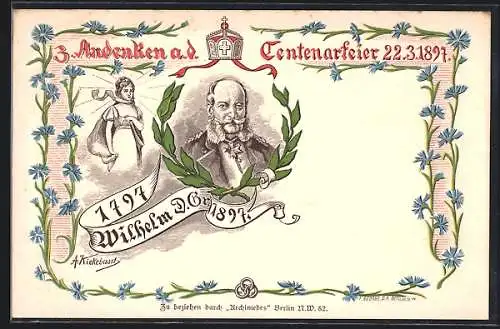 Lithographie Andenken an die Centenarfeier 1897, Kaiser Wilhelm I. und Luise