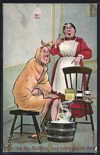 Künstler-AK Frau schimpft auf Mann beim Fussbad