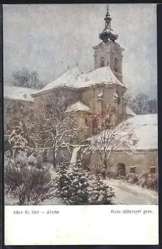 Künstler-AK Hans Götzinger: Ober St. Veit, Winterblick zur Kirche