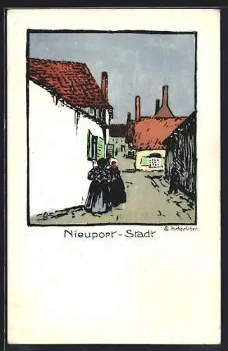 Künstler-AK sign. E. Schönleber: Nieuport-Stadt, Partie im Ort