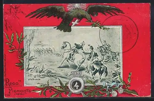 Lithographie 4. Reggimento Fanteria, Brigata Piemonte, Schlacht, Adler mit Wappen