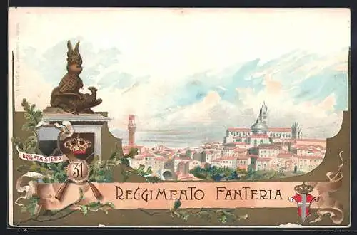 Lithographie Siena, 31. Reggimento Fanteria, Brigata Siena, Denkmal und Ortsansicht, Wappen