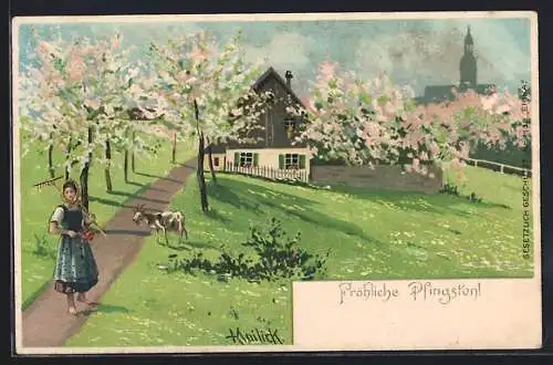 Künstler-AK Alfred Mailick: Frau auf einem Weg, Ziege, blühende Bäume