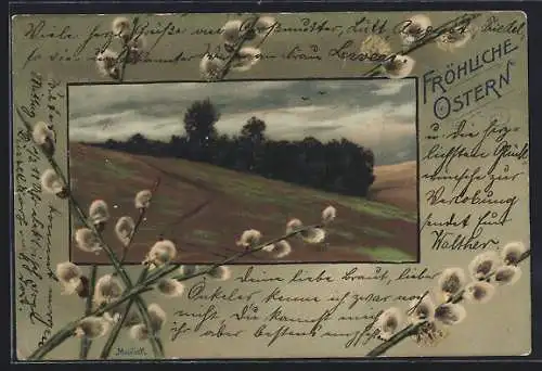 Künstler-Präge-AK Alfred Mailick: Fröhliche Ostern, Landschaftspanorama mit Weidenkätzchen