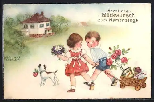 Künstler-AK Hannes Petersen: Kinder mit Hund und Karren bringen Geburtstagsgeschenke