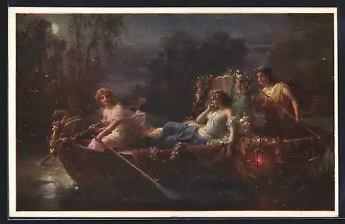 Künstler-AK Hans Zatzka: Abendzauber, drei Mädchen fahren mit einem geschmückten Ruderboot