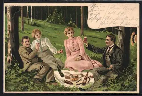 Künstler-AK Alfred Mailick: Fröhliche Pfingsten, Paare picknicken im Wald
