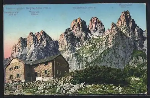 AK Hopfpürglhütte, Berghütte mit Kampenbrunn, Thürwnad und Bischofmütze, Dachsteingebiet