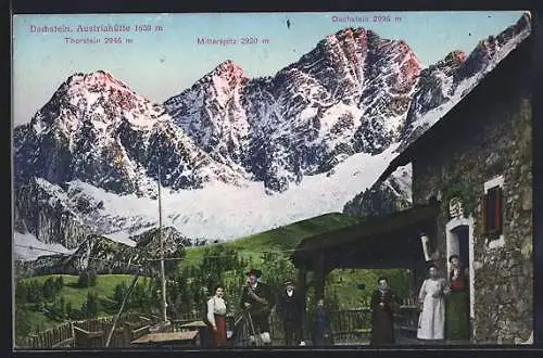 AK Austriahütte, Gesamtansicht mit Dachstein, Thorstein und Mitterspitz