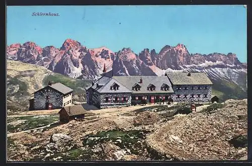 AK Schlernhäuser des D. u. Ö. Alpenvereins, gegen die Rosengarten-Dolomiten