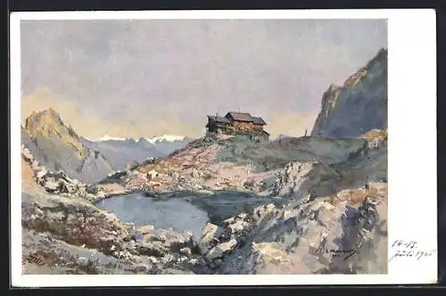 Künstler-AK Eduard Manhart: Karlsbader Hütte, Laserz, Lienzer Dolomiten