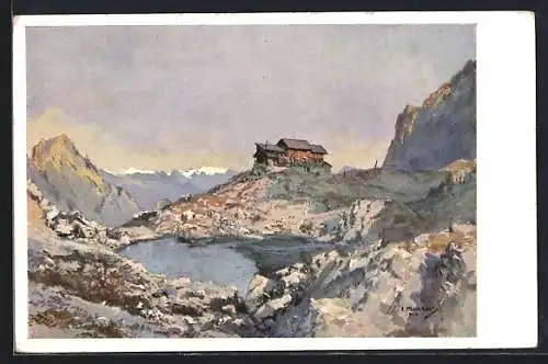 Künstler-AK Eduard Manhart: Karlsbader Hütte, Laserz, Lienzer Dolomiten