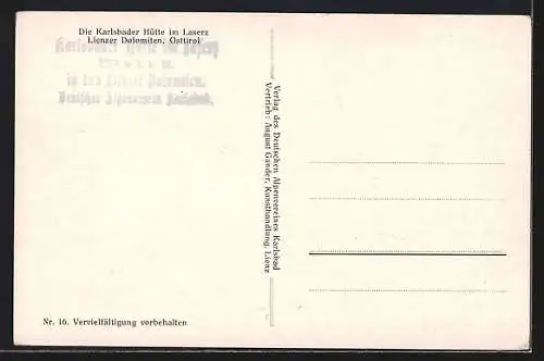 Künstler-AK Eduard Manhart: Karlsbader Hütte, Laserz, Lienzer Dolomiten