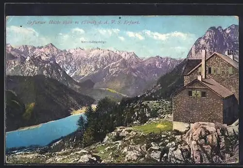 AK Erfurter Hütte, Berghütte d. A.V.S. Erfurt gegen das Karwendelgebirge