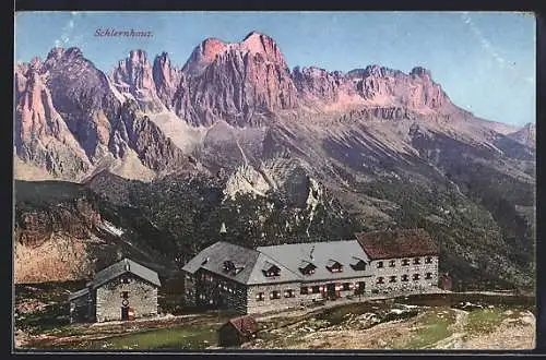 AK Schlernhaus, Hütte d. S. Bozen des D. u. Ö. Alpenverein, mit dem Rosengarten