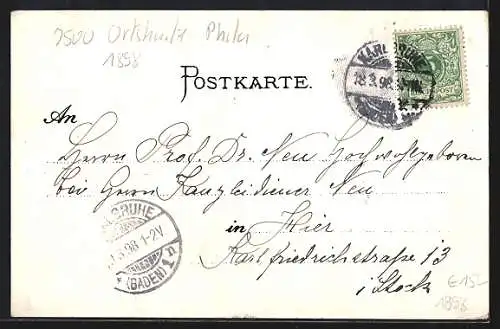 Lithographie Karlsruhe, Schloss, Schlossgartensee, Schlossturm