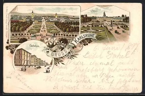 Lithographie Karlsruhe, Cadettenhaus, Parkanlage von oben, Schloss