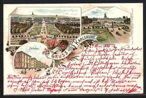 Lithographie Karlsruhe, Cadettenhaus, Parkanlage von oben, Schloss