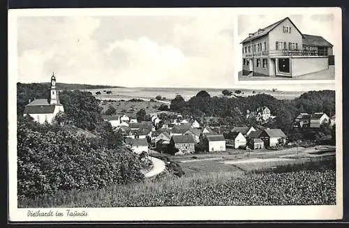 AK Diethardt / Taunus, Gasthaus Robert Crecelius, Totalansicht mit Kirche