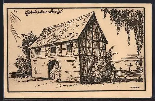 Künstler-AK Heringen / Helme, Gottesackerkirche mit Friedhof