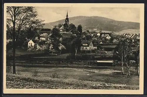 AK Elstra, Ortsansicht mit Kirchturm und blühenden Bäumen