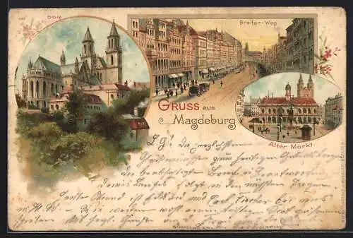Lithographie Magdeburg, Breiter-Weg mit Leuten, Alter Markt und Blick zum Dom
