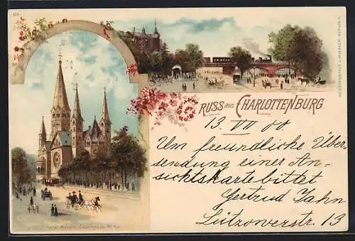 Lithographie Berlin-Charlottenburg, Kaiser-Wilhelm-Gedächtniskirche um 1900