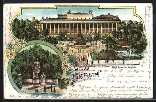 Lithographie Berlin, Köngl. Museum im Lustgarten, Denkmal