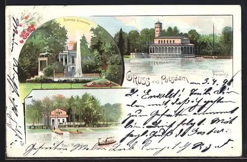 Lithographie Potsdam, Schloss Glienicke, Restaurant Moorlake, Sacrow`s Heilandskirche