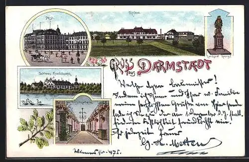 Lithographie Darmstadt, Meierei, Post, Schloss Kranichstein, Hirschgalerie und Statue