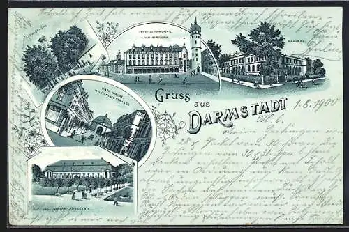 Lithographie Darmstadt, Kath. Kirche Wilhelminen Strasse, Saalbau, Grossherzogl. Orangerie