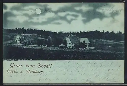 Mondschein-AK Dobel / Enz, Gasthaus zum Waldhorn mit umliegenden Feldern