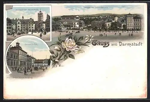 Lithographie Darmstadt, Bahnhöfe, Parade- und Theaterplatz, Markt und Rathaus