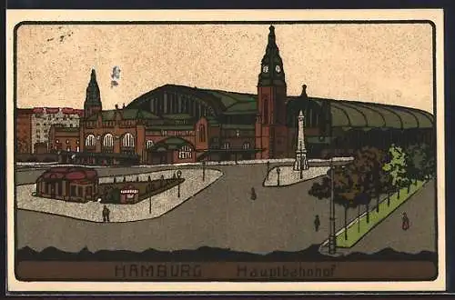 Steindruck-AK Hamburg-St.Georg, Blick auf den Hauptbahnhof