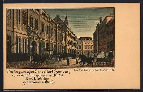 Lithographie Alt-Hamburg, Partie am Rathaus vor dem Brand 1842