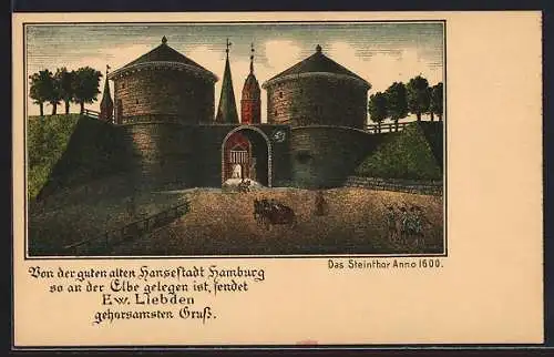 Lithographie Alt-Hamburg, Strasse am Steinthor anno 1600