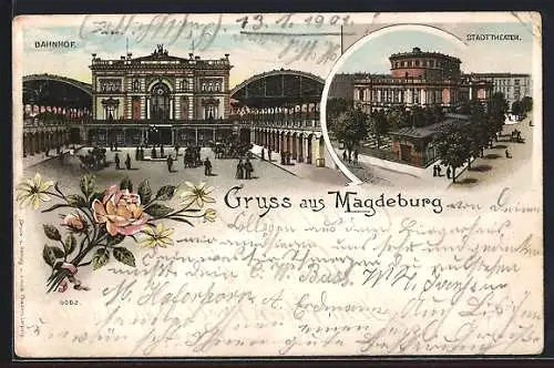 Lithographie Magdeburg, Bahnhof und Stadttheater