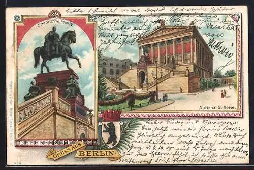 Lithographie Berlin, National-Galerie und Denkmal Friedrich Wilhelm IV, Wappen der Stadt