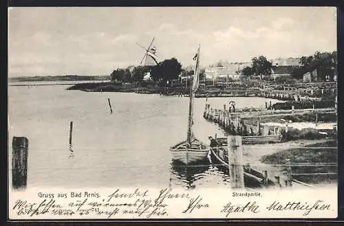 AK Bad Arnis, Uferpartie mit Blick zur Windmühle